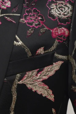 Jacquard Preto Satin Notched Lapel Blazer
