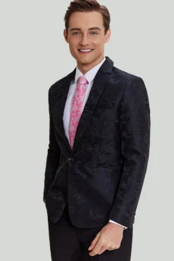 Jacquard Preto Satin Notched Lapel Blazer