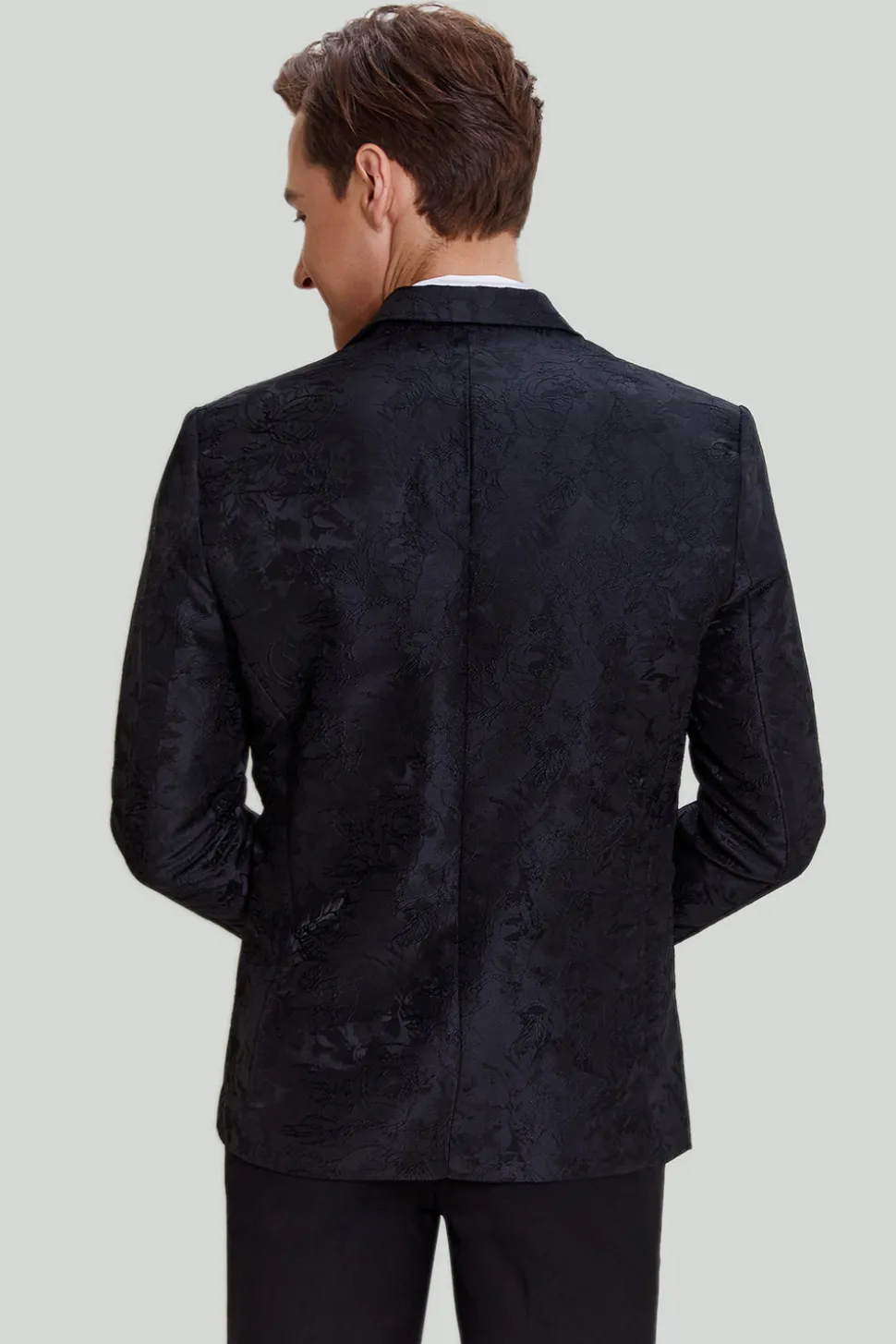 Jacquard Preto Satin Notched Lapel Blazer