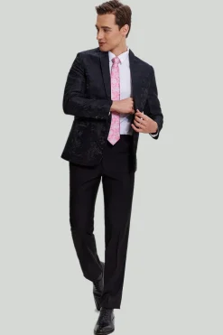 Jacquard Preto Satin Notched Lapel Blazer
