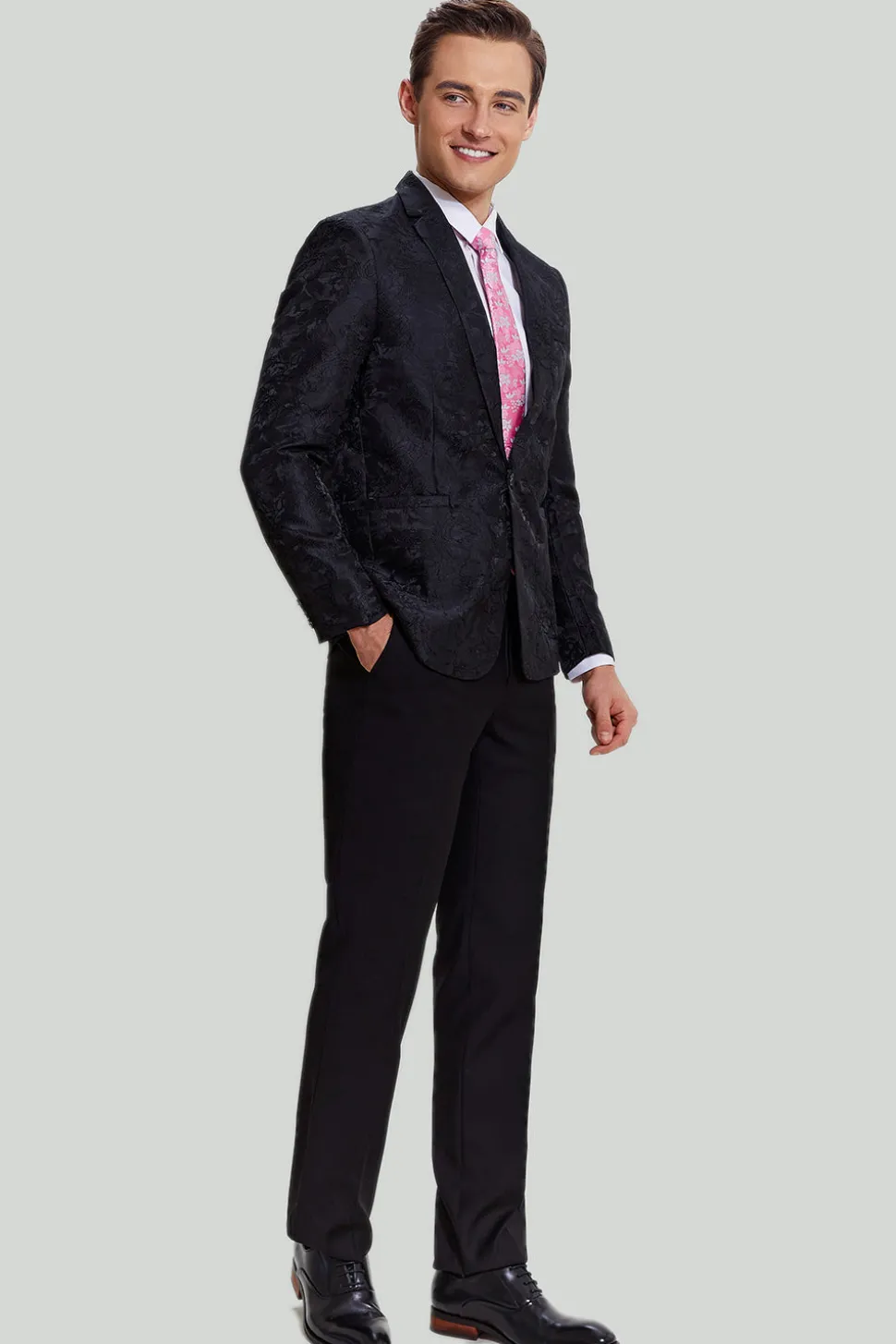Jacquard Preto Satin Notched Lapel Blazer