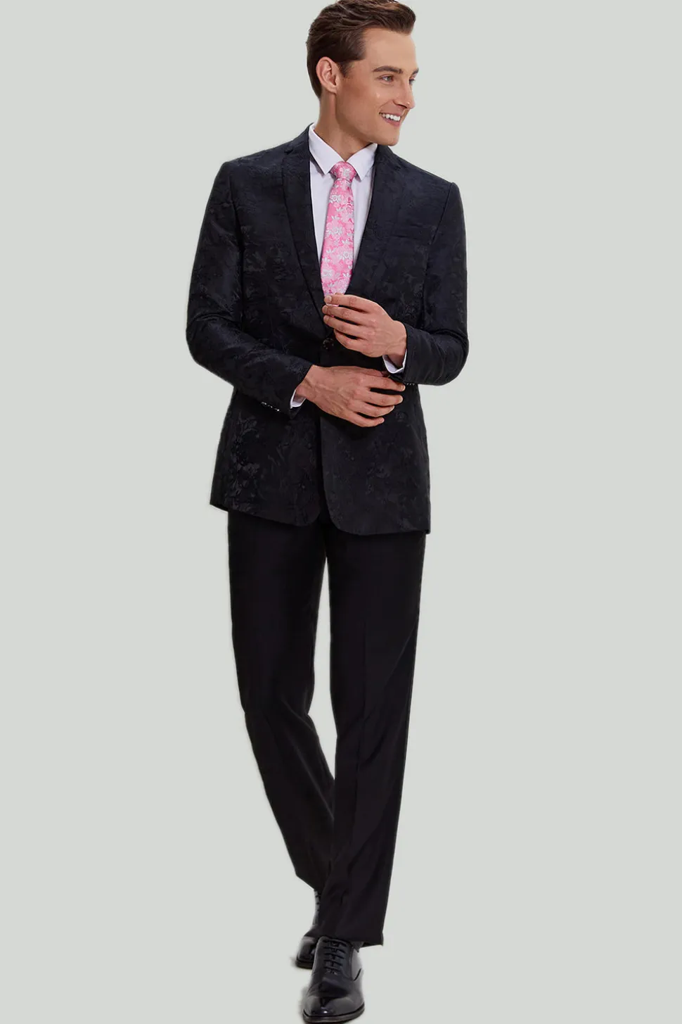 Jacquard Preto Satin Notched Lapel Blazer