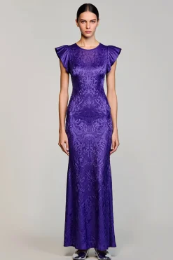 Jacquard Roxo Bainha Longos Vestido Para Casamento Convidada
