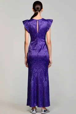 Jacquard Roxo Bainha Longos Vestido Para Casamento Convidada