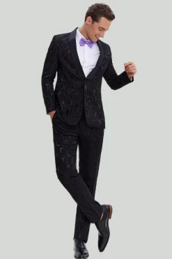 Jacquard um botão terno masculino 2 peças preto