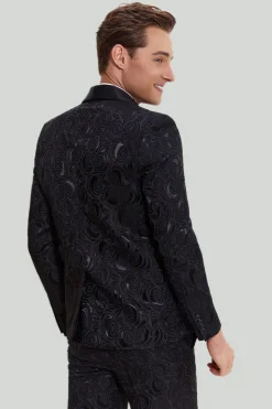 Jacquard um botão terno masculino 2 peças preto