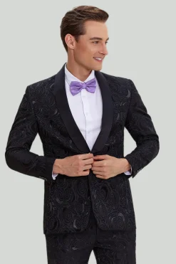 Jacquard um botão terno masculino 2 peças preto