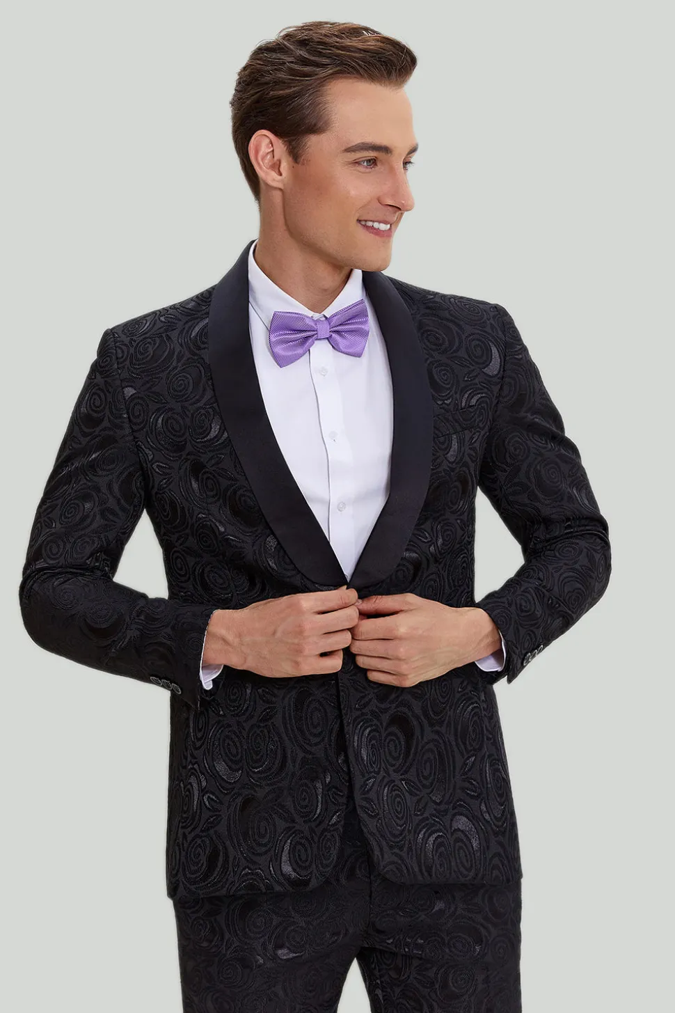 Jacquard um botão terno masculino 2 peças preto