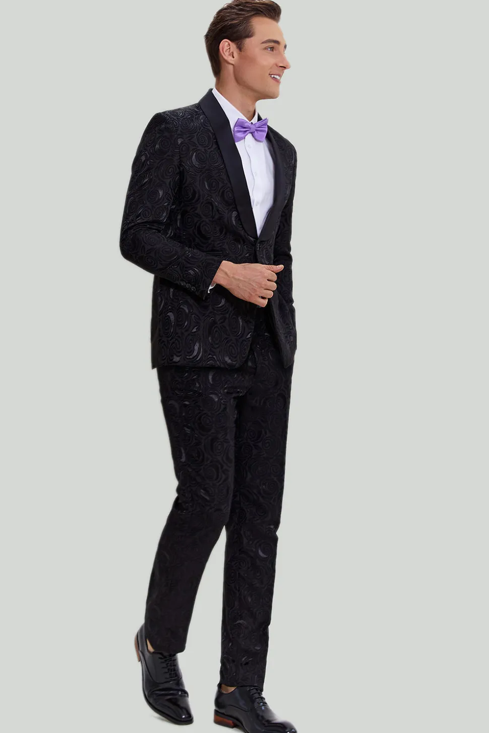 Jacquard um botão terno masculino 2 peças preto