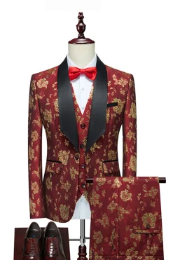 Jacquard Vermelho Lapela de Xaile 3 Peças Fatos Masculinos