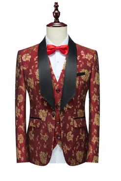 Jacquard Vermelho Lapela de Xaile 3 Peças Fatos Masculinos