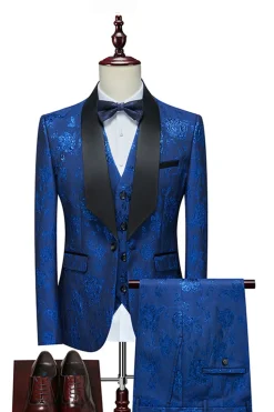 Jacquard Vermelho Lapela de Xaile 3 Peças Fatos Masculinos