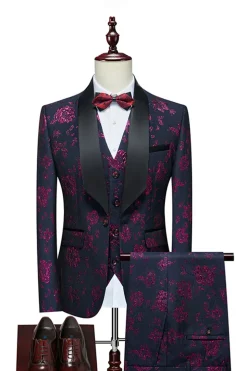 Jacquard Vermelho Lapela de Xaile 3 Peças Fatos Masculinos