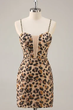 Kahki Leopard Corset Bodycon Homecoming Vestido com Sequins
