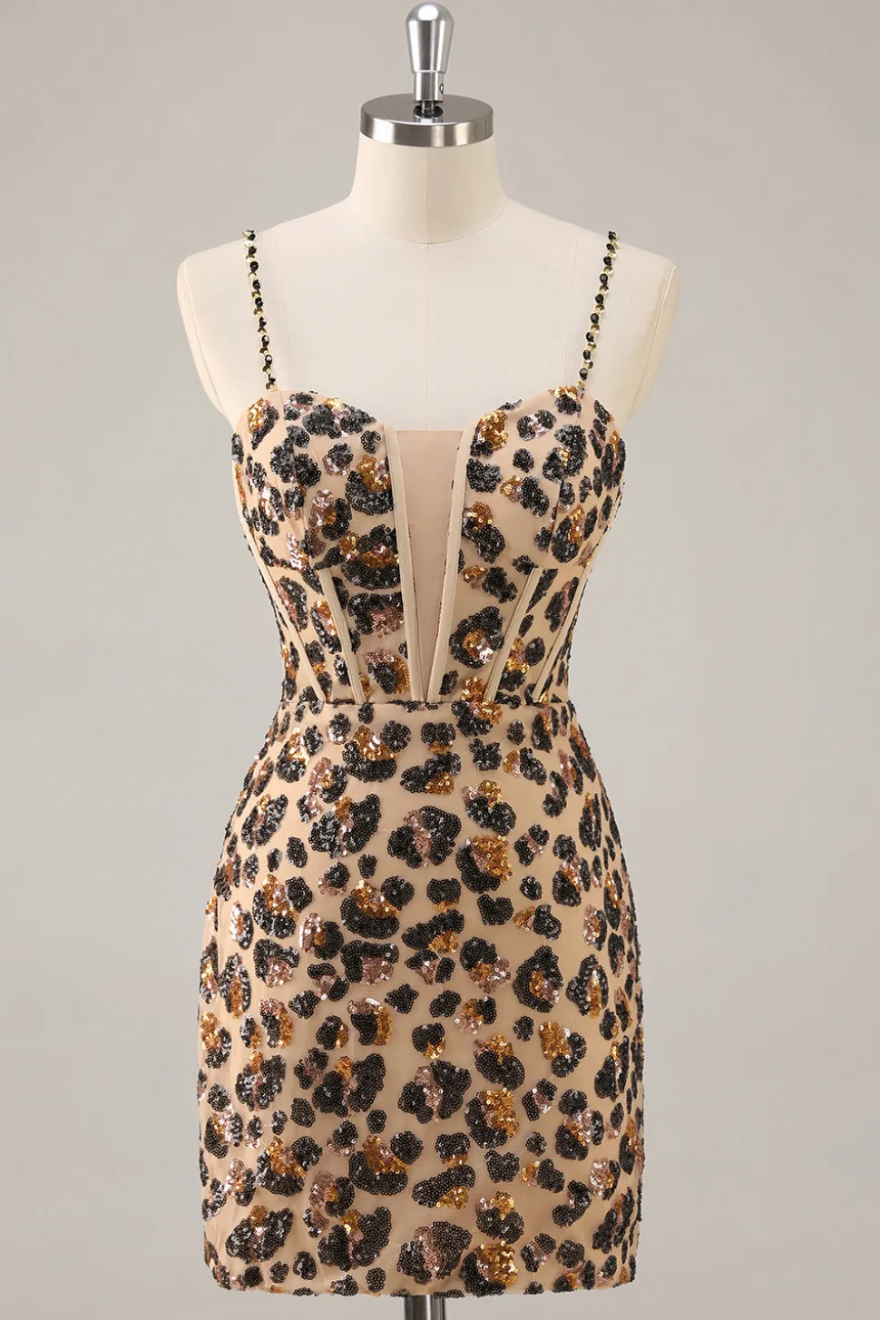Kahki Leopard Corset Bodycon Homecoming Vestido com Sequins