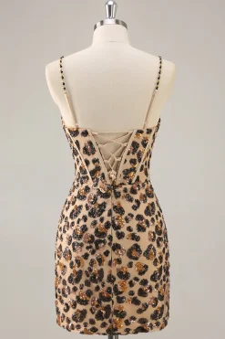 Kahki Leopard Corset Bodycon Homecoming Vestido com Sequins