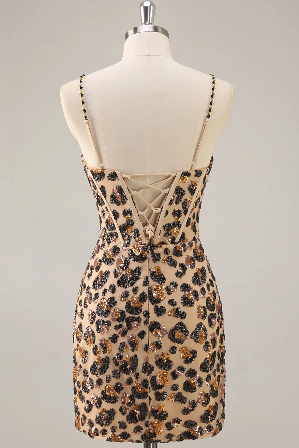 Kahki Leopard Corset Bodycon Homecoming Vestido com Sequins