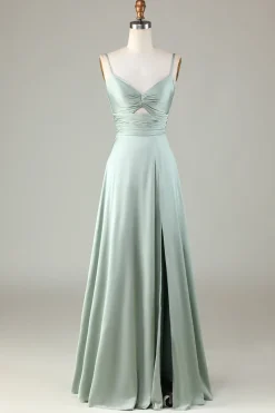 Keyhole Esparguete Correias Matcha Vestido Madrinha com Fenda