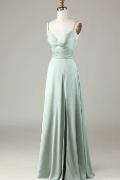Keyhole Esparguete Correias Matcha Vestido Madrinha com Fenda