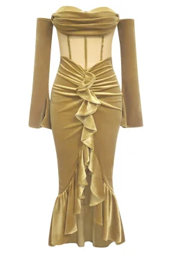Khaki Bodycon querido veludo espartilho babado vestido de baile com mangas compridas