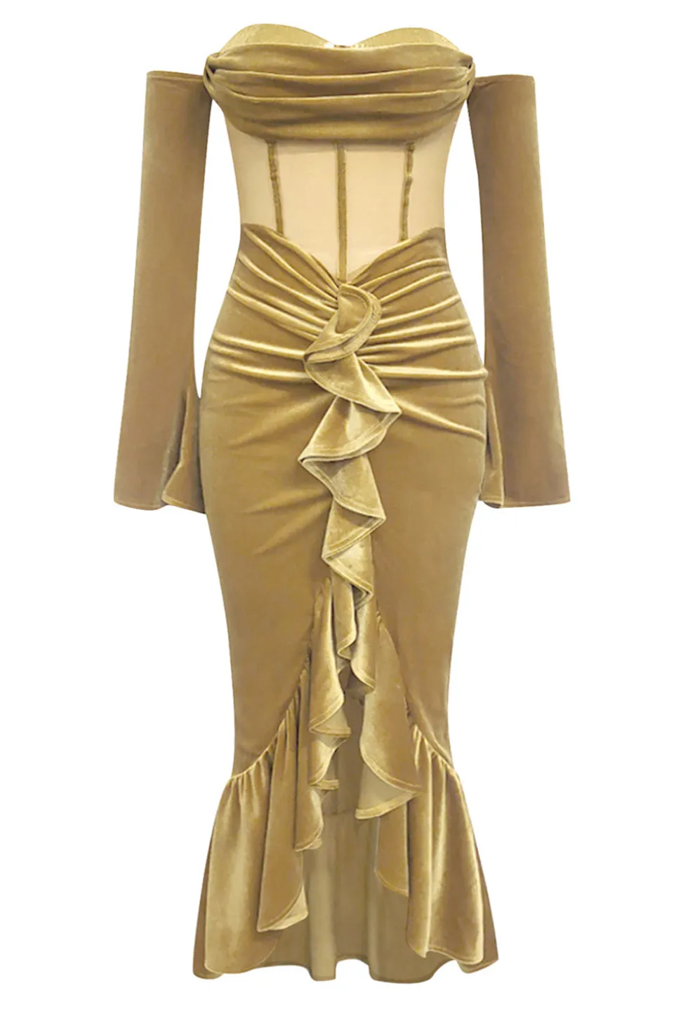 Khaki Bodycon querido veludo espartilho babado vestido de baile com mangas compridas