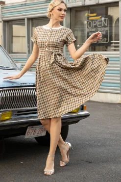Khaki Green Grid Mangas Curtas Vintage 1950s Vestido
