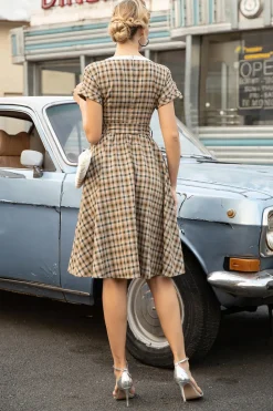 Khaki Green Grid Mangas Curtas Vintage 1950s Vestido