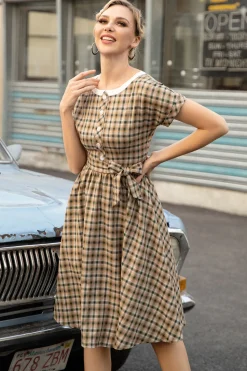 Khaki Green Grid Mangas Curtas Vintage 1950s Vestido