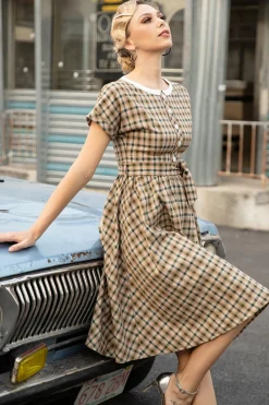 Khaki Green Grid Mangas Curtas Vintage 1950s Vestido