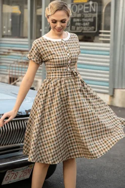 Khaki Green Grid Mangas Curtas Vintage 1950s Vestido