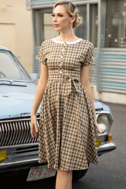 Khaki Green Grid Mangas Curtas Vintage 1950s Vestido