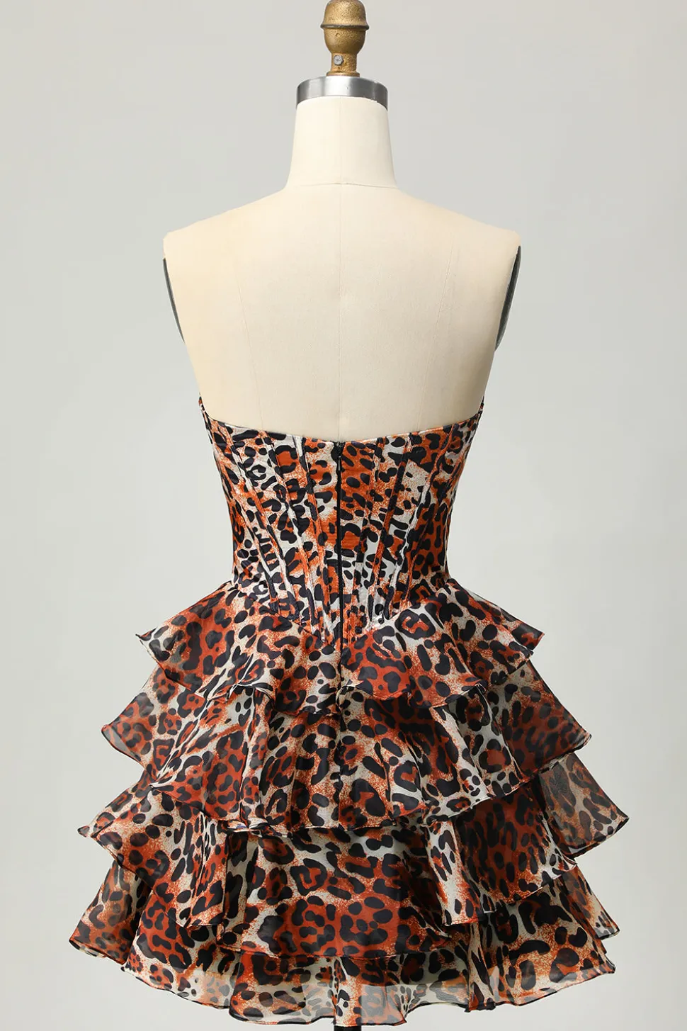 Khaki Leopard A-line Sweetheart Tiered Corset Vestido Curto Homecoming