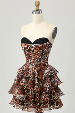 Khaki Leopard A-line Sweetheart Tiered Corset Vestido Curto Homecoming