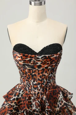 Khaki Leopard A-line Sweetheart Tiered Corset Vestido Curto Homecoming