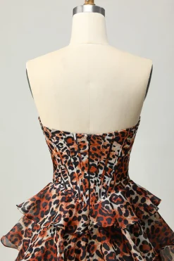 Khaki Leopard A-line Sweetheart Tiered Corset Vestido Curto Homecoming