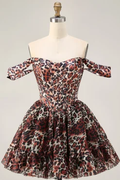 Khaki Leopard fora do espartilho de ombro uma linha Mini Homecoming Dress