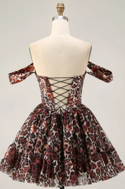 Khaki Leopard fora do espartilho de ombro uma linha Mini Homecoming Dress
