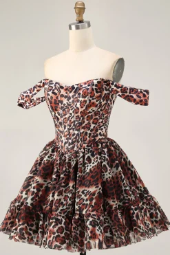 Khaki Leopard fora do espartilho de ombro uma linha Mini Homecoming Dress