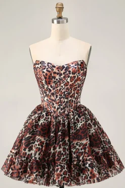 Khaki Leopard fora do espartilho de ombro uma linha Mini Homecoming Dress