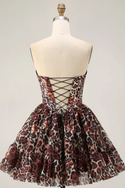 Khaki Leopard fora do espartilho de ombro uma linha Mini Homecoming Dress