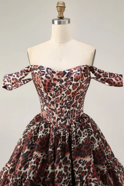 Khaki Leopard fora do espartilho de ombro uma linha Mini Homecoming Dress