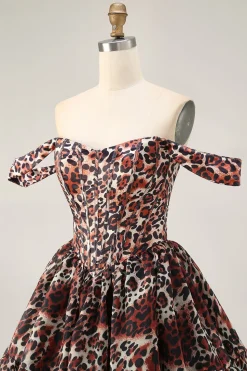 Khaki Leopard fora do espartilho de ombro uma linha Mini Homecoming Dress