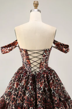 Khaki Leopard fora do espartilho de ombro uma linha Mini Homecoming Dress