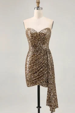Khaki Leopard Ruched Strapless Vestido Curto Homecoming com Streamer