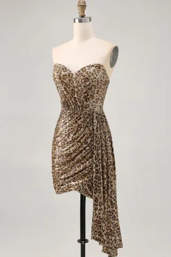 Khaki Leopard Ruched Strapless Vestido Curto Homecoming com Streamer