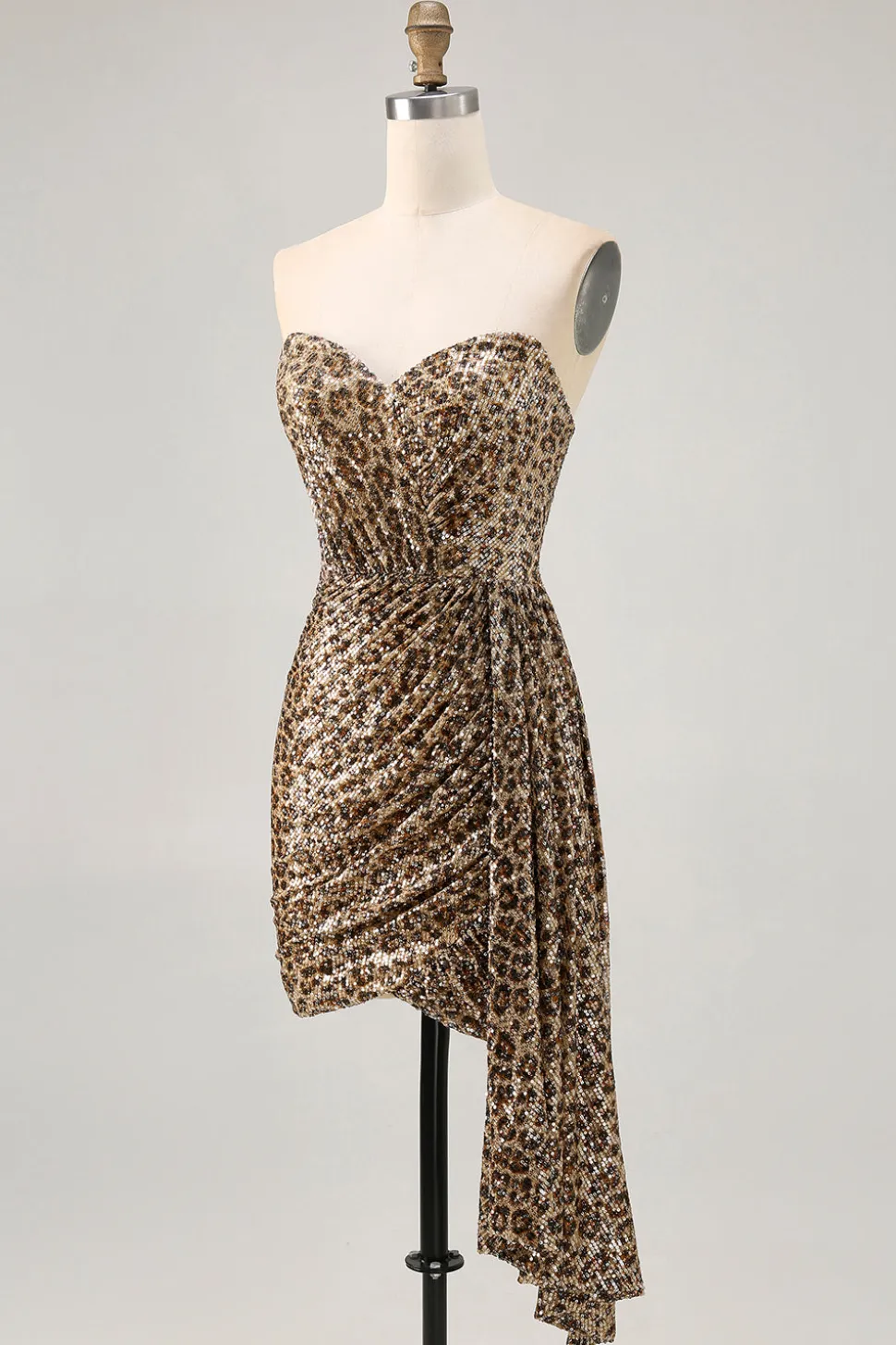 Khaki Leopard Ruched Strapless Vestido Curto Homecoming com Streamer