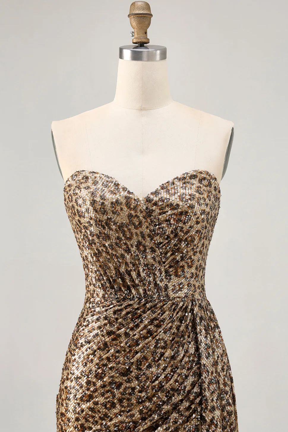 Khaki Leopard Ruched Strapless Vestido Curto Homecoming com Streamer