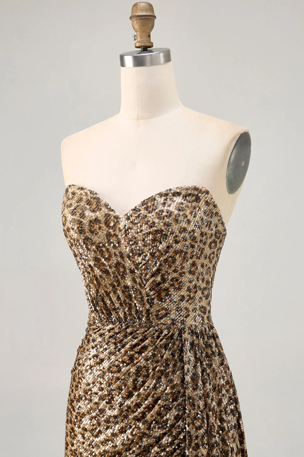 Khaki Leopard Ruched Strapless Vestido Curto Homecoming com Streamer