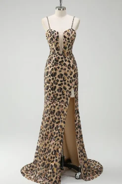 Khaki Leopard Sequins Sereia Esparguete Correias Vestido Espartilho Longo com Fenda