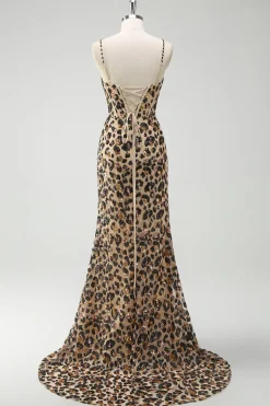 Khaki Leopard Sequins Sereia Esparguete Correias Vestido Espartilho Longo com Fenda